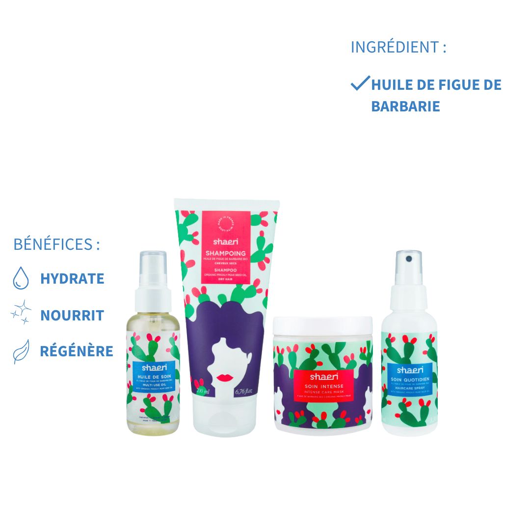 Ensemble des produits Magic Cactus Shaeri avec une mise en avant de leurs bénéfices : hydrate, nourrit et régénère grâce à l'huile de figue de barbarie bio.